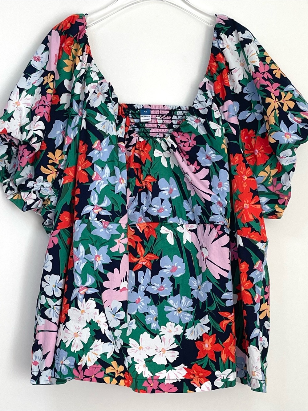 Old Navy Navy Multi Floral Print Babydoll Top Smocked Back Short Puff Sleeves